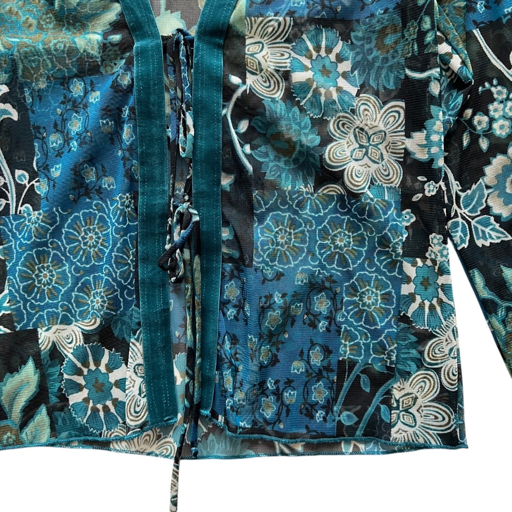 Nicola VTG Y2K Mesh Front Tie Velvet Trim Floral Long Sleeve Top M Fairy Grunge - Picture 6 of 12